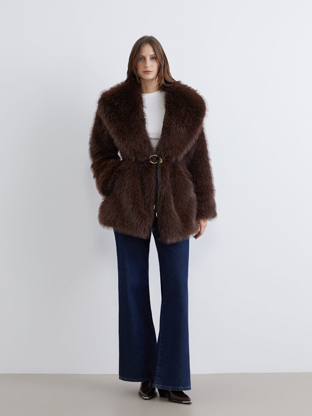 Kahverengi Şal Yaka Oversize Kadın Kürk Kaban-1