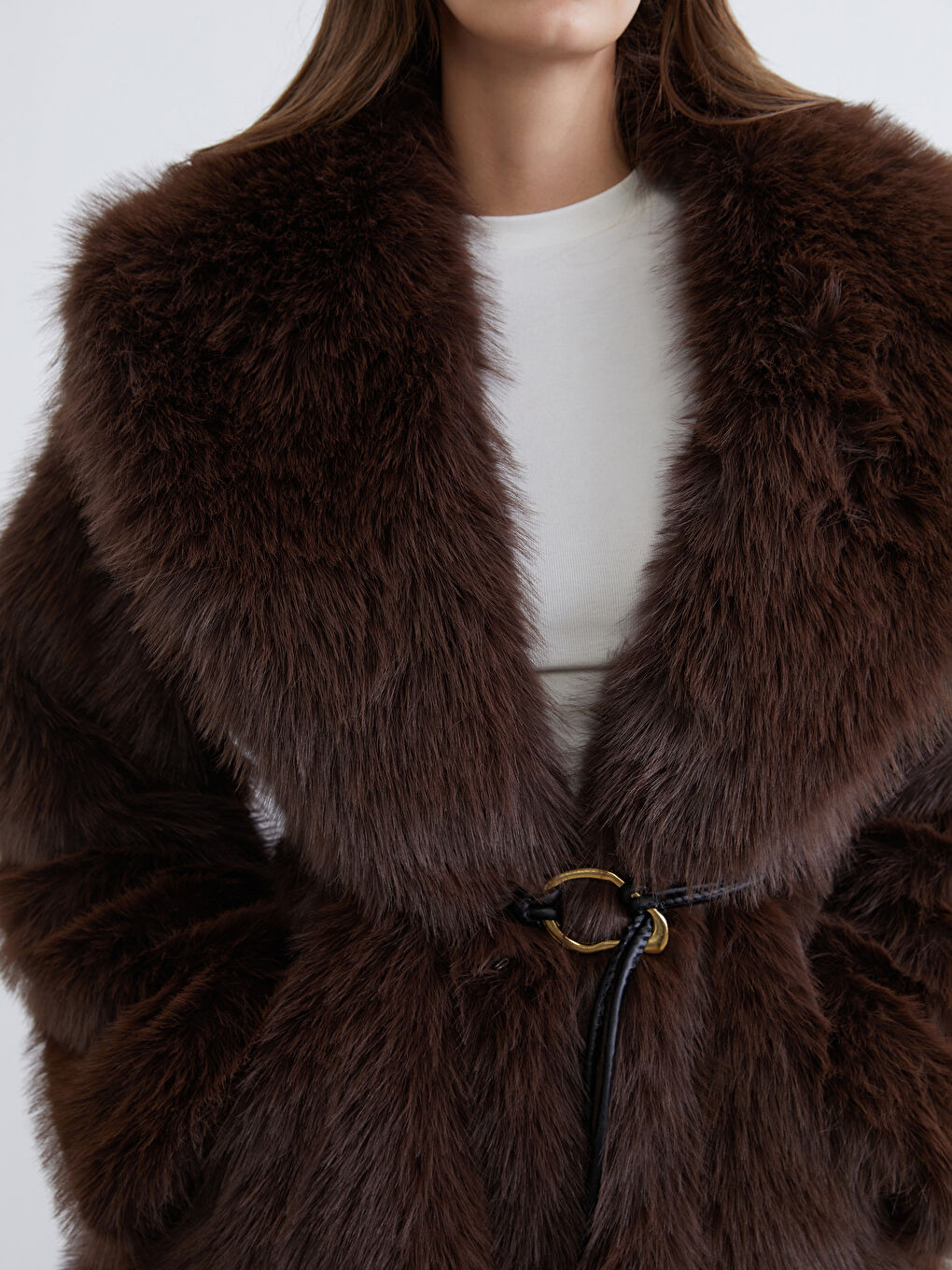 Kahverengi Şal Yaka Oversize Kadın Kürk Kaban-2