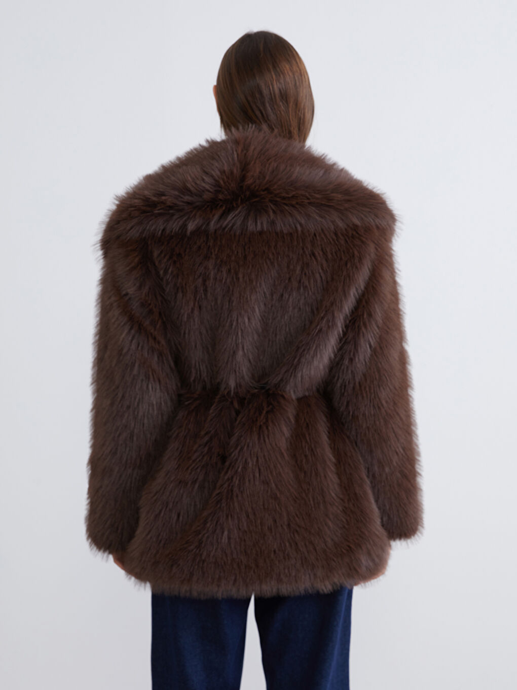 Kahverengi Şal Yaka Oversize Kadın Kürk Kaban-4