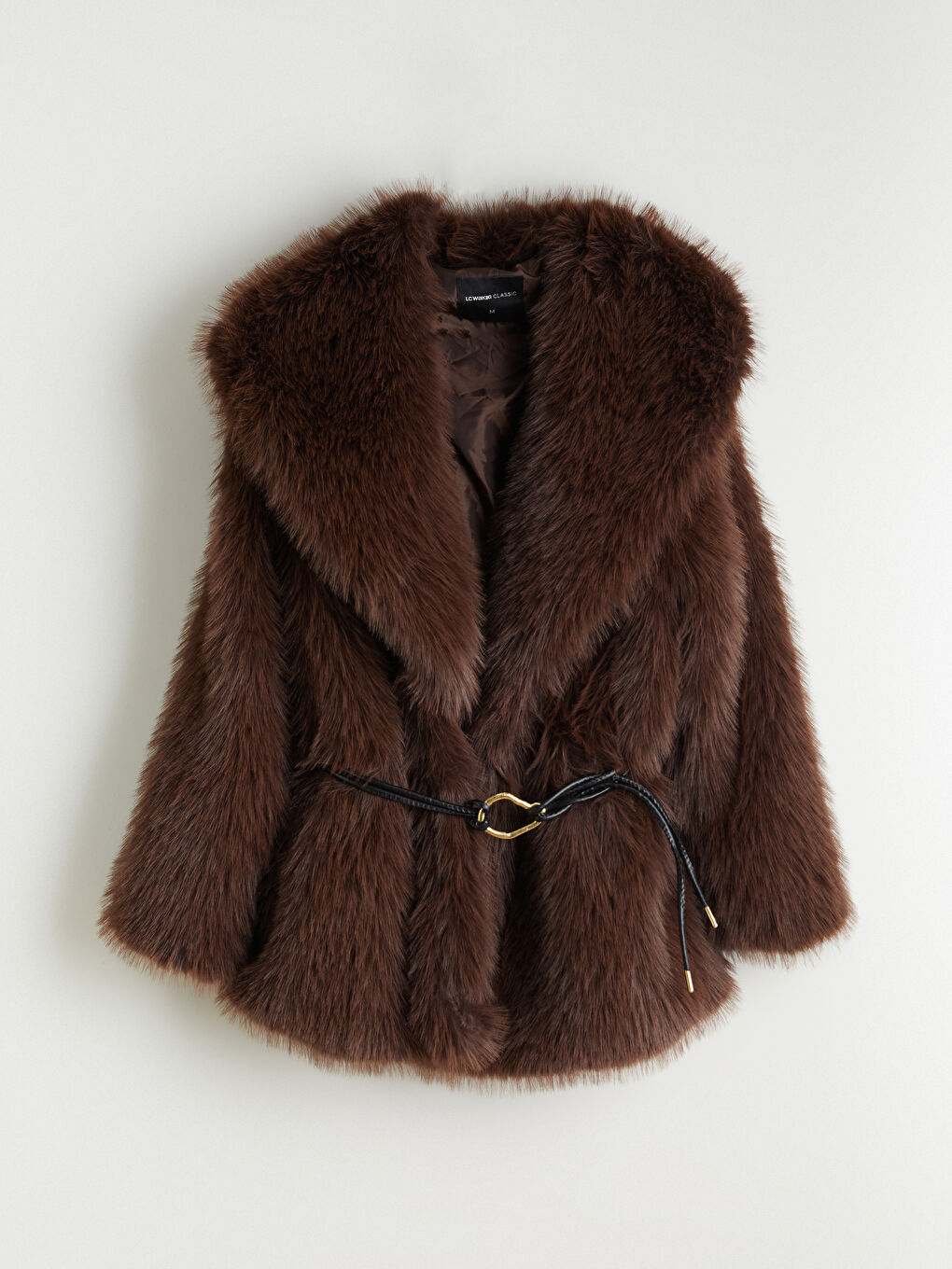 Kahverengi Şal Yaka Oversize Kadın Kürk Kaban-5