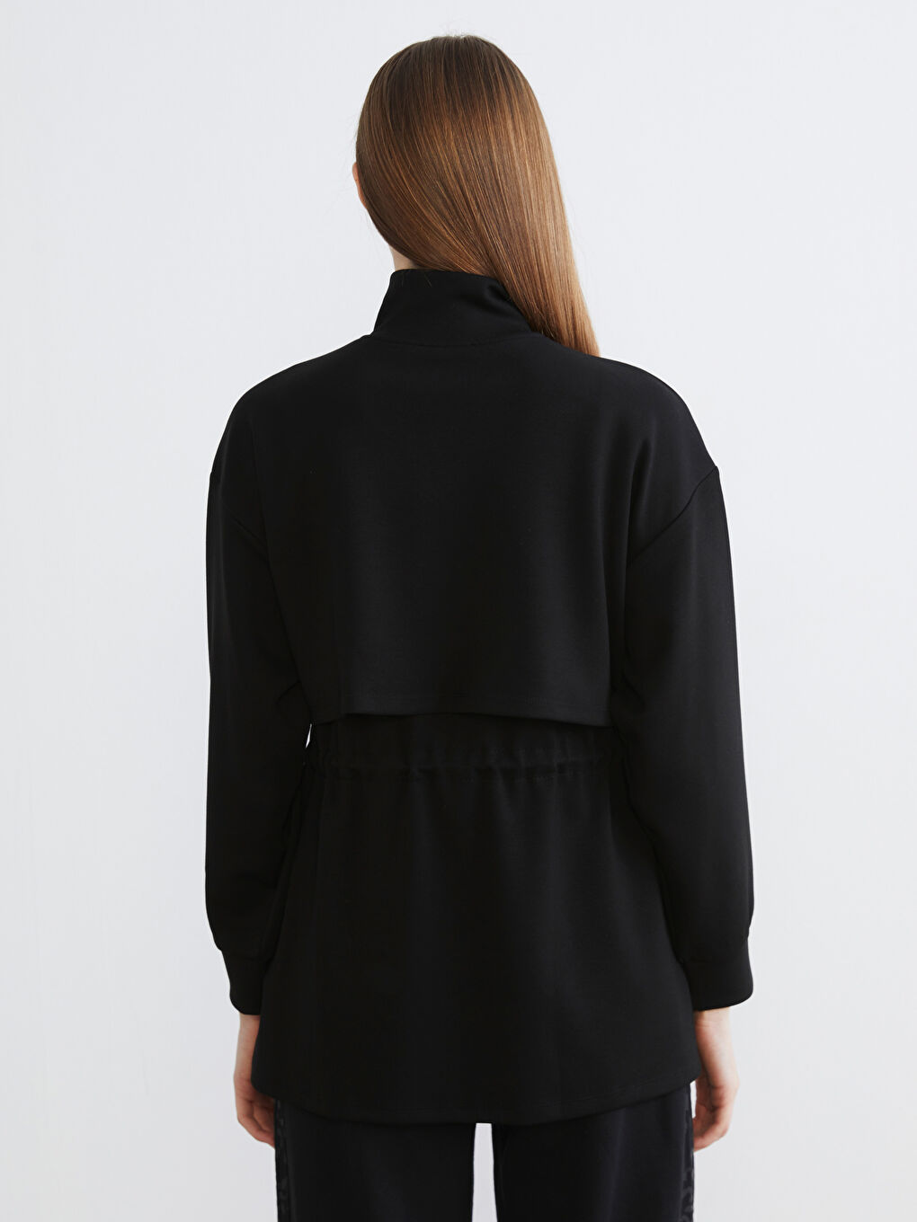 Siyah Dik Yaka Oversize Kadın Fermuarlı Sweatshirt-3