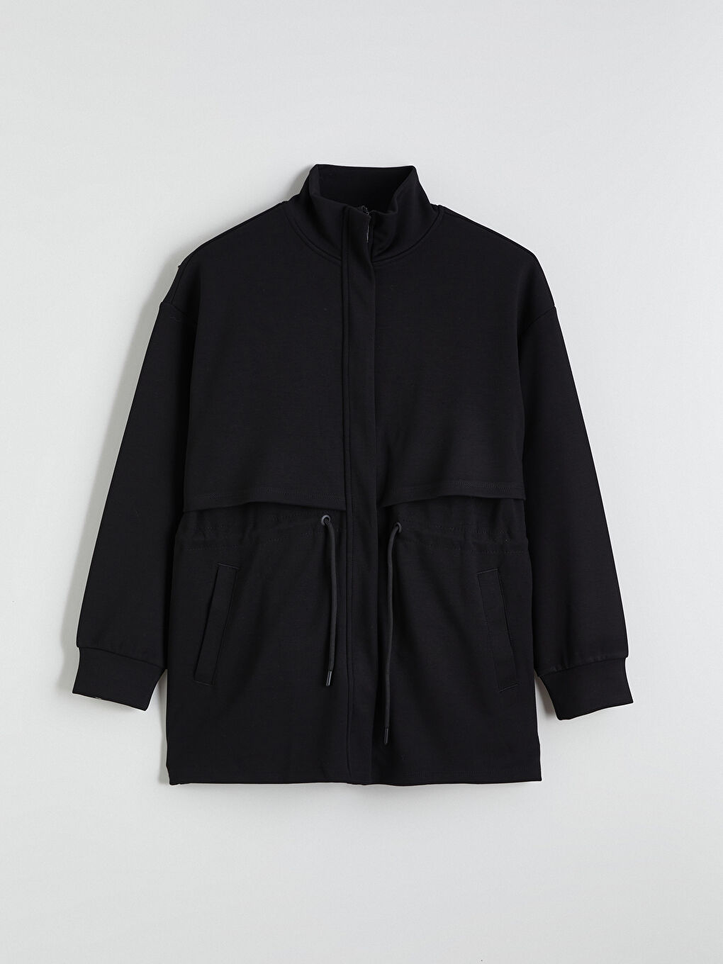 Siyah Dik Yaka Oversize Kadın Fermuarlı Sweatshirt-4