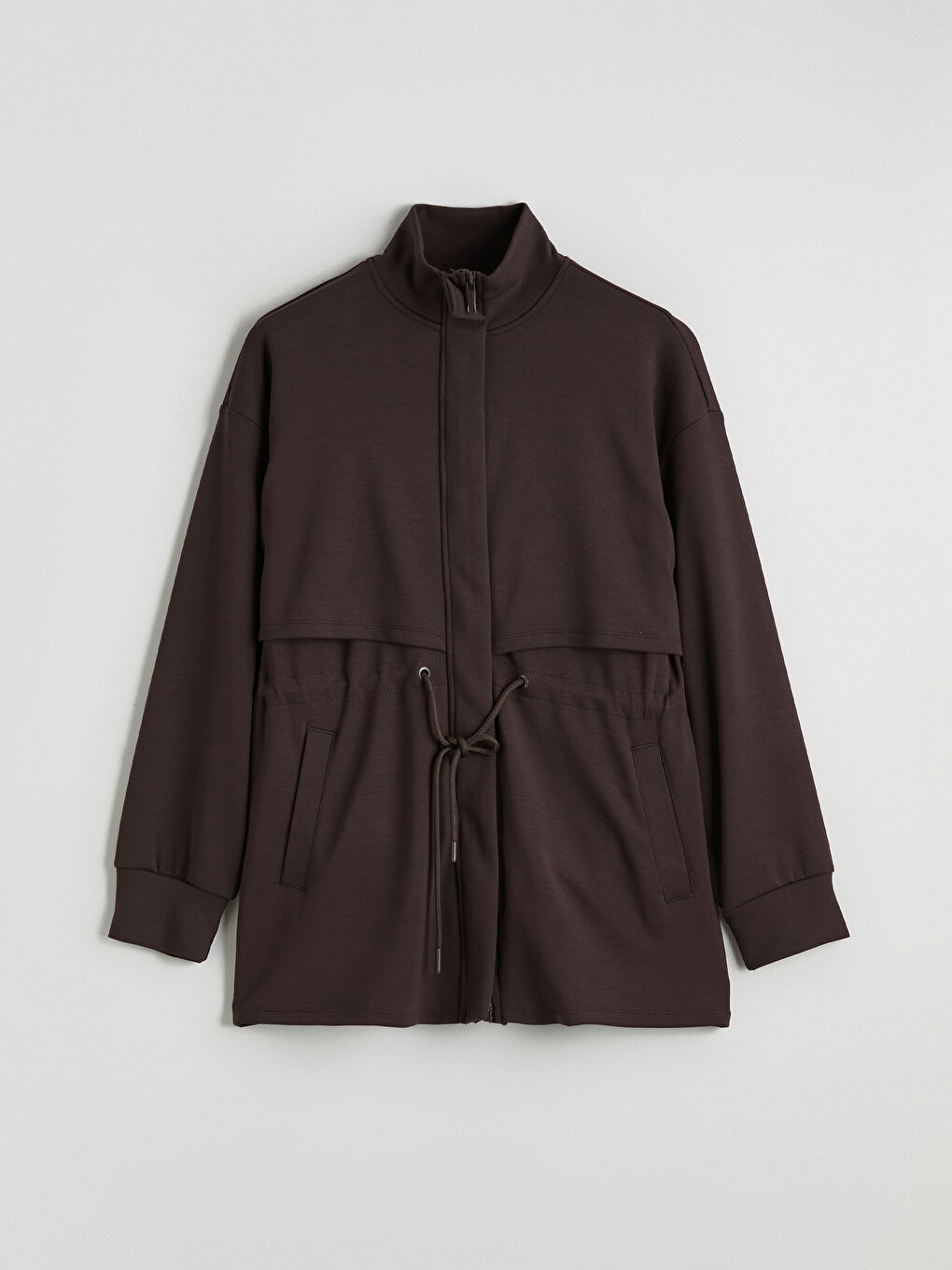 Kahverengi Dik Yaka Oversize Kadın Fermuarlı Sweatshirt-4