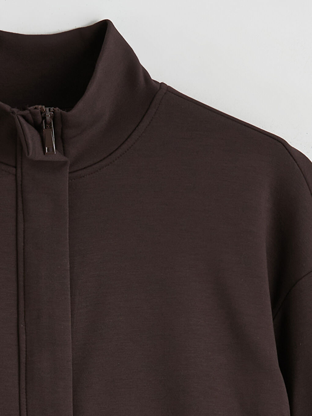 Kahverengi Dik Yaka Oversize Kadın Fermuarlı Sweatshirt-7