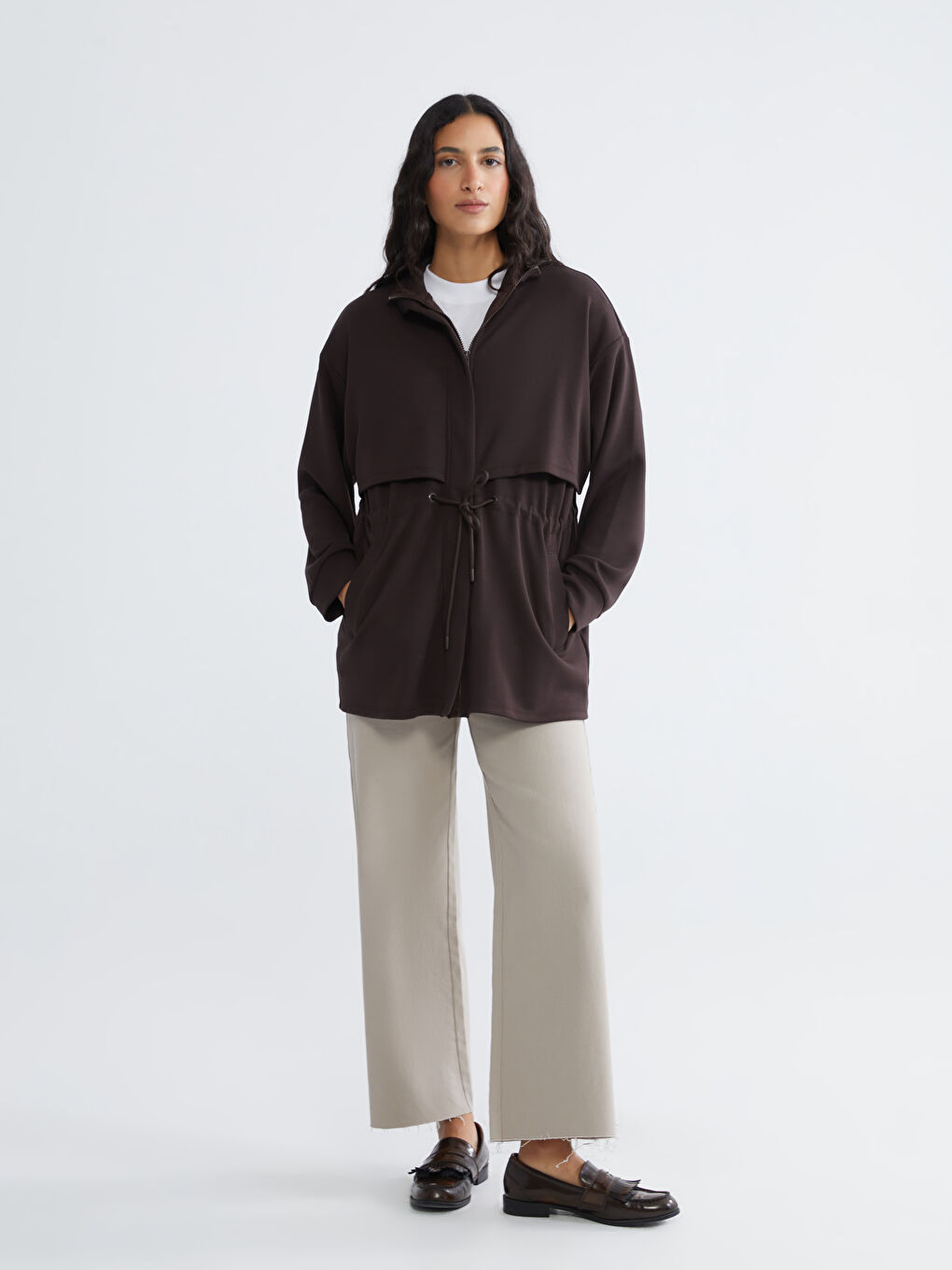 Kahverengi Dik Yaka Oversize Kadın Fermuarlı Sweatshirt-1