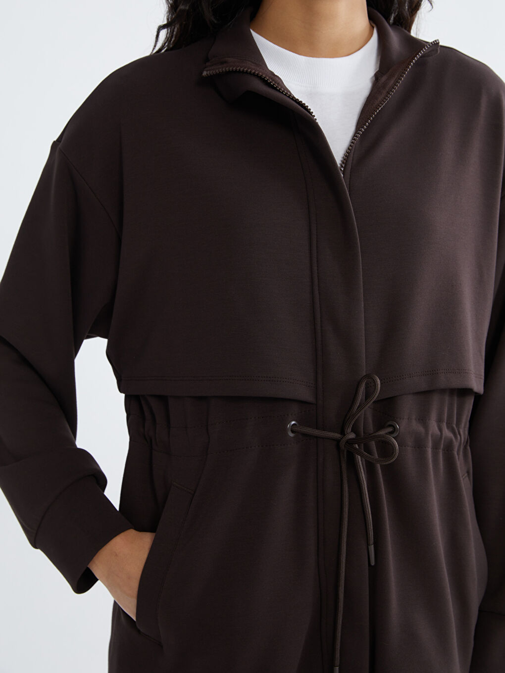 Kahverengi Dik Yaka Oversize Kadın Fermuarlı Sweatshirt-2