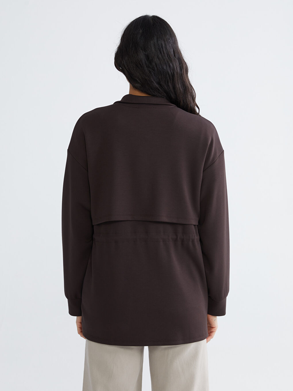 Kahverengi Dik Yaka Oversize Kadın Fermuarlı Sweatshirt-3