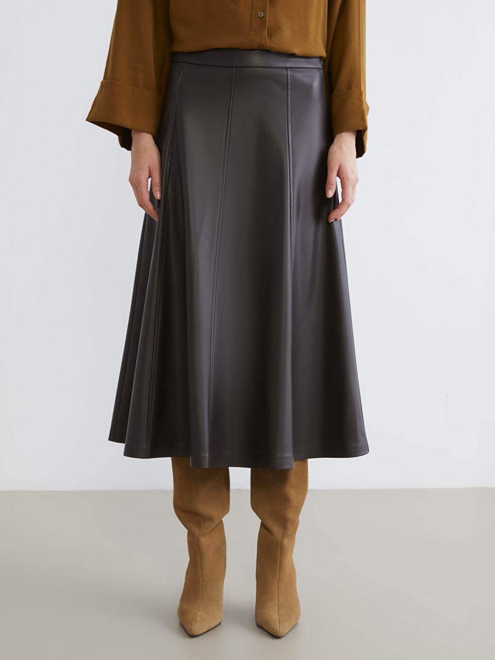 High Waist Zippered A-Line Faux Leather Skirt-1