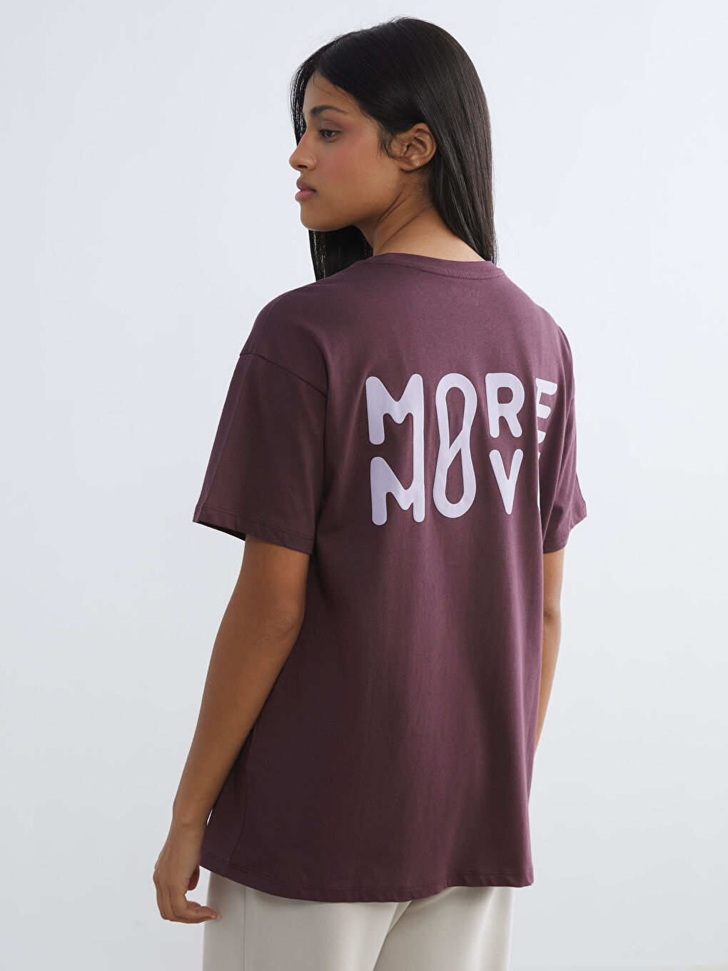 Bordo Bisiklet Yaka Baskılı Oversize Kadın Spor Tişört