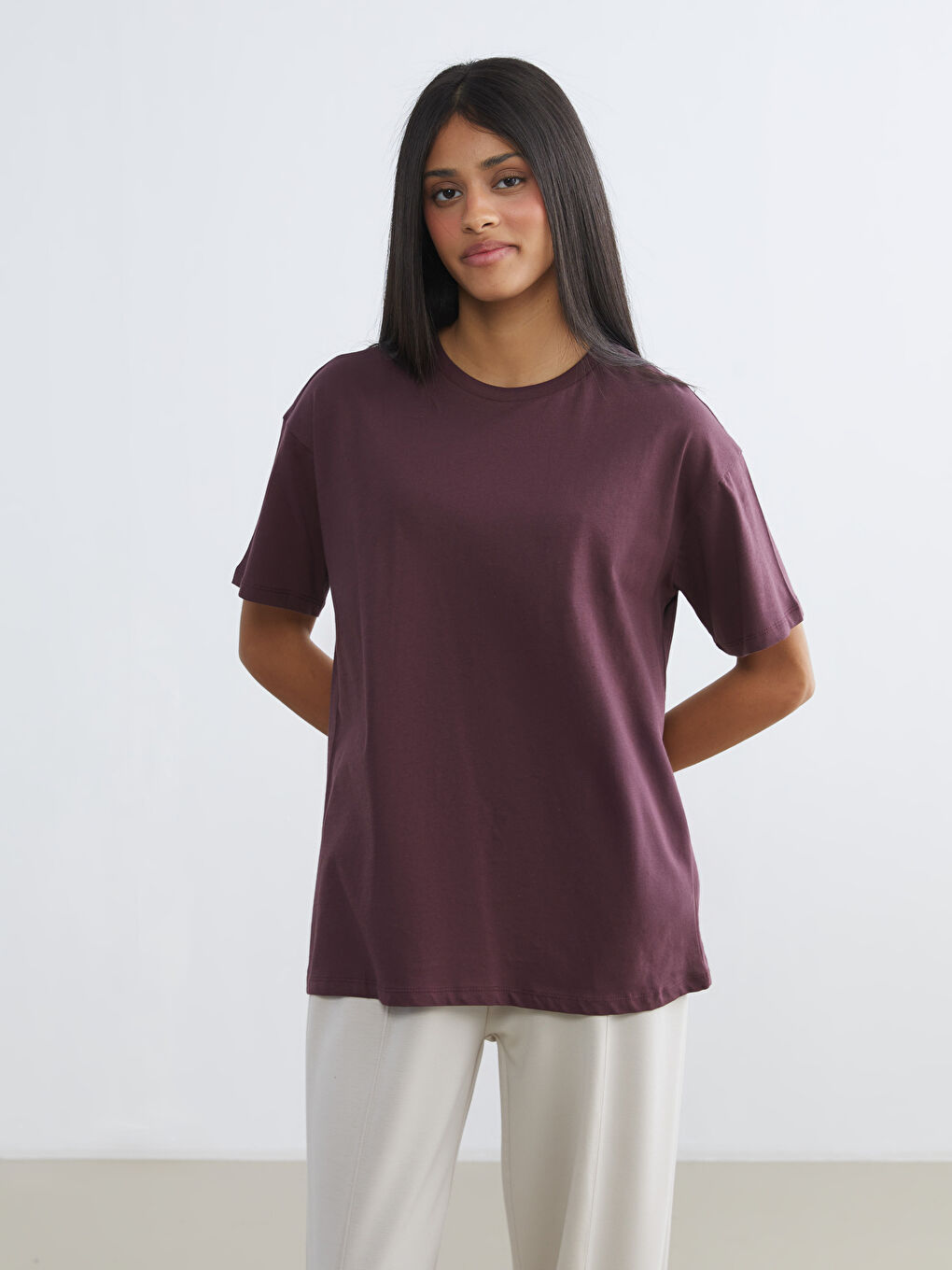 Bordo Bisiklet Yaka Baskılı Oversize Kadın Spor Tişört-3