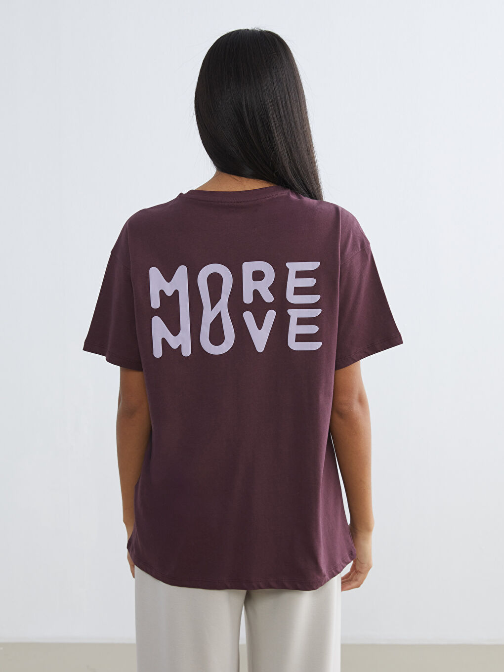 Bordo Bisiklet Yaka Baskılı Oversize Kadın Spor Tişört-4