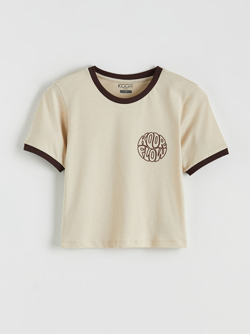 Bej Bisiklet Yaka Baskılı Kadın Spor Tişört-4