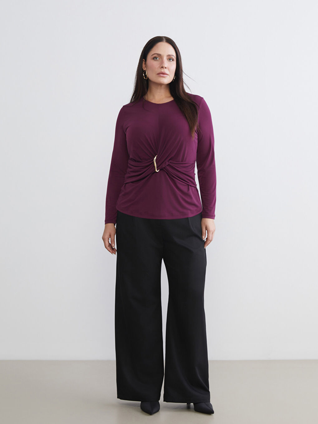 Bordo Büyük Beden Bisiklet Yaka Büzgülü Bluz-1