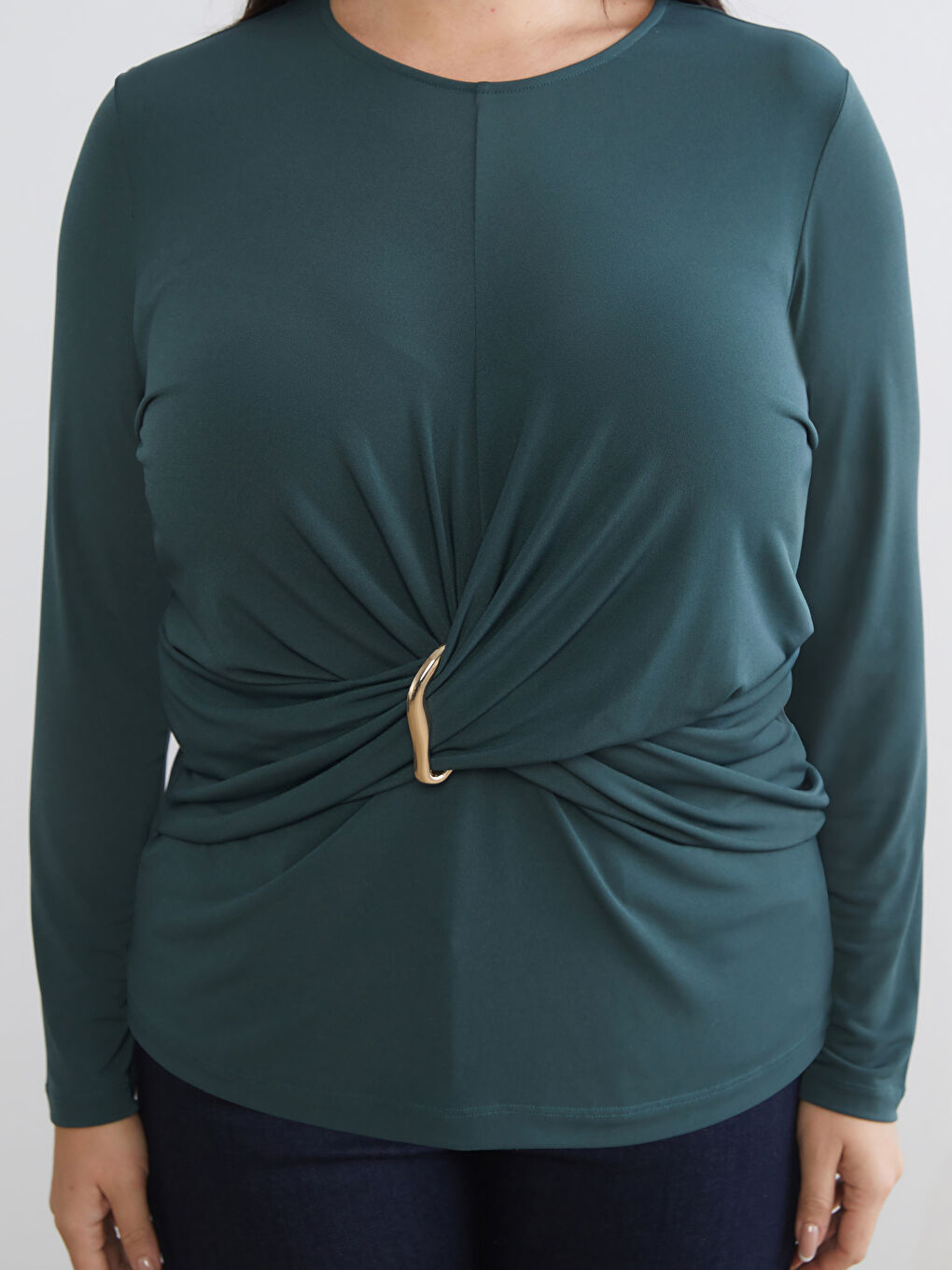 Petrol Büyük Beden Bisiklet Yaka Büzgülü Bluz-2