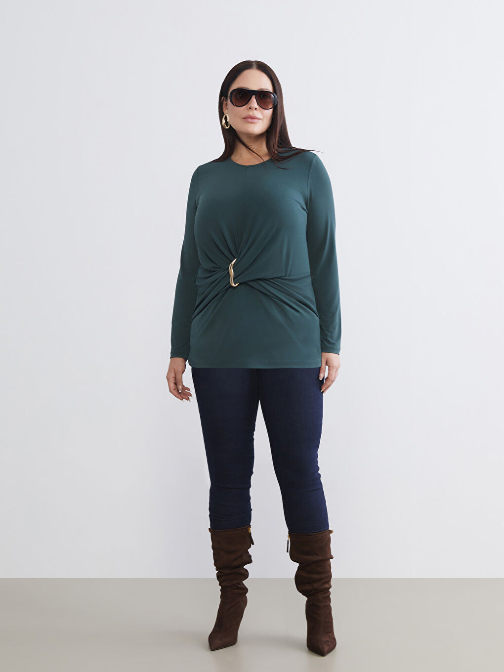 Petrol Büyük Beden Bisiklet Yaka Büzgülü Bluz-1