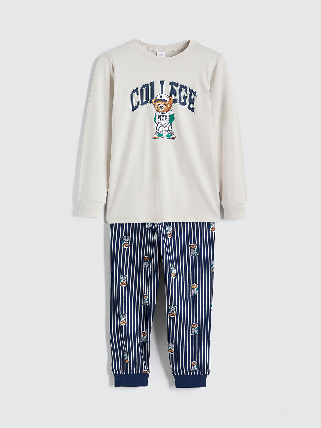 Crew Neck Teddy Bear Print Boy’S Pyjama Set