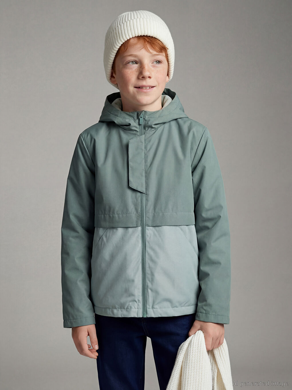 Yeşil Kapüşonlu Su itici Erkek Çocuk Mont