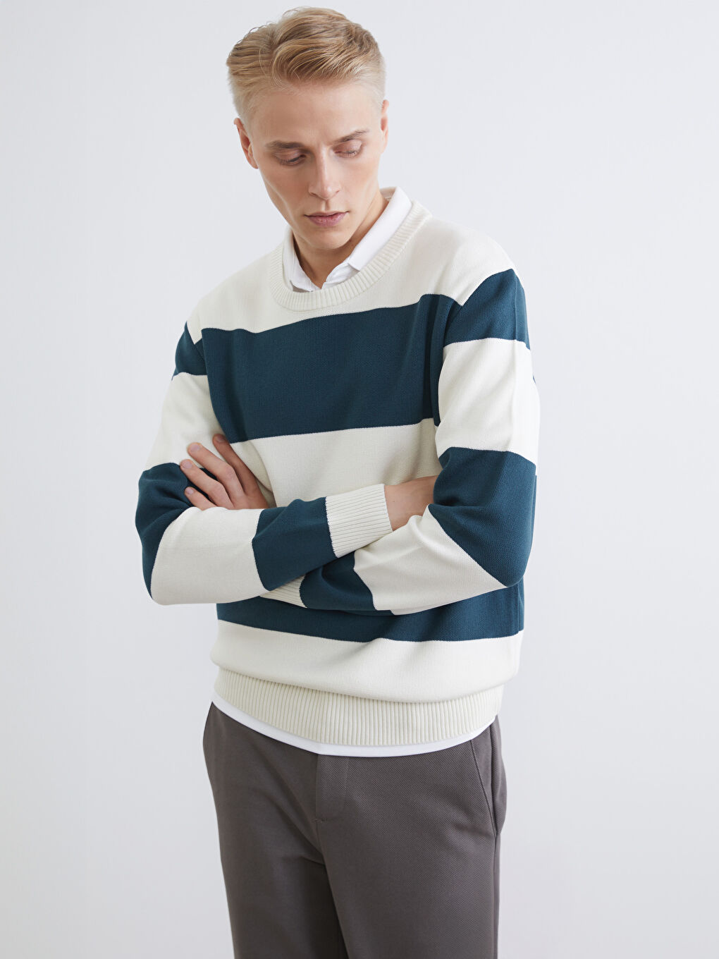 Crew Neck Striped Men's Knitwear Sweater