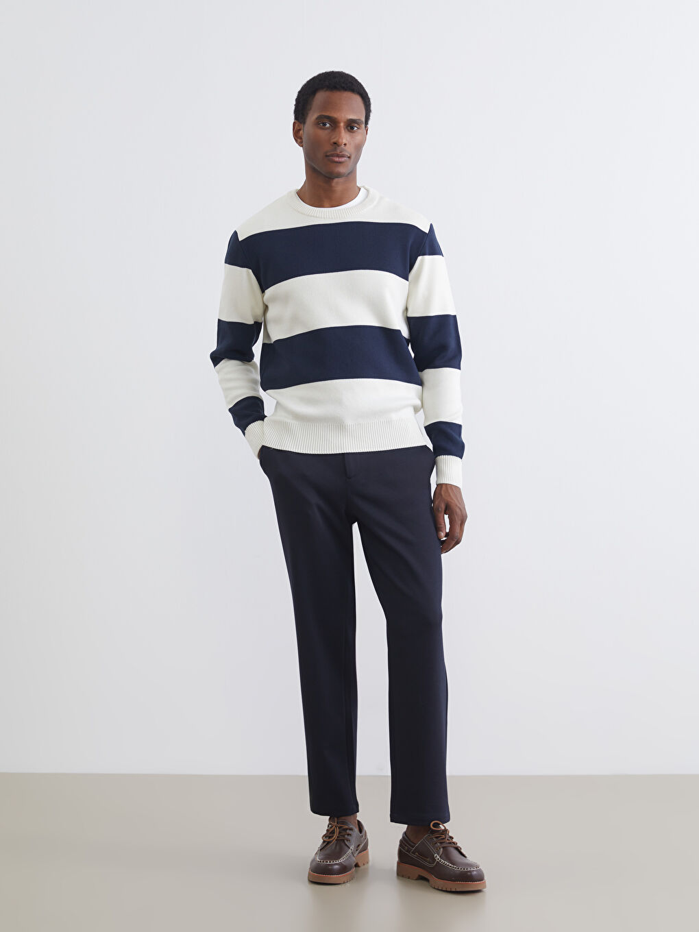 Lacivert Bisiklet Yaka Çizgili Erkek Triko Kazak-1