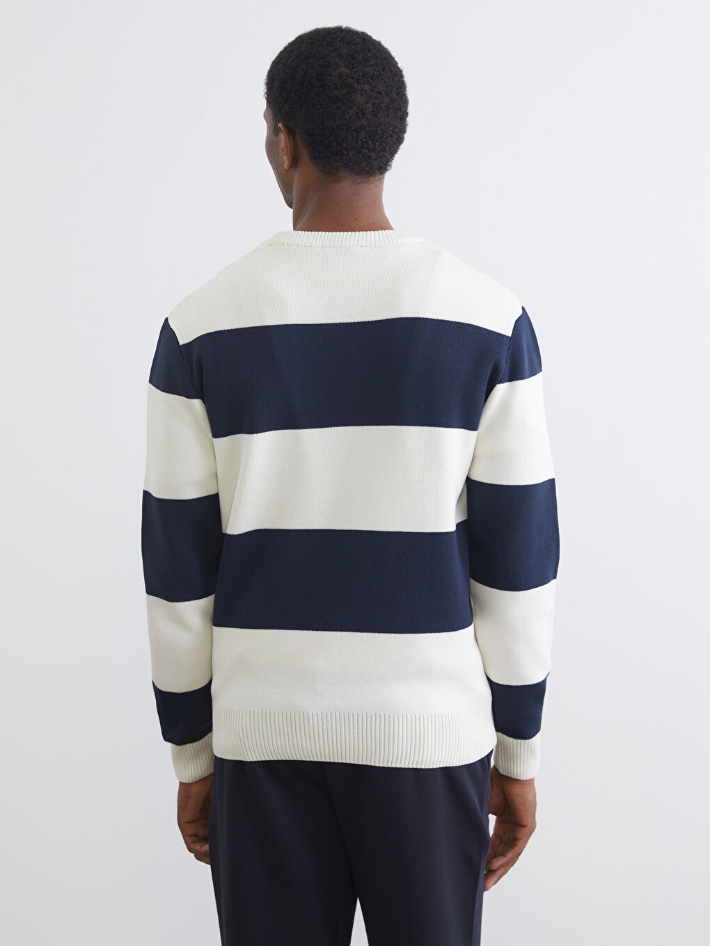 Lacivert Bisiklet Yaka Çizgili Erkek Triko Kazak-3