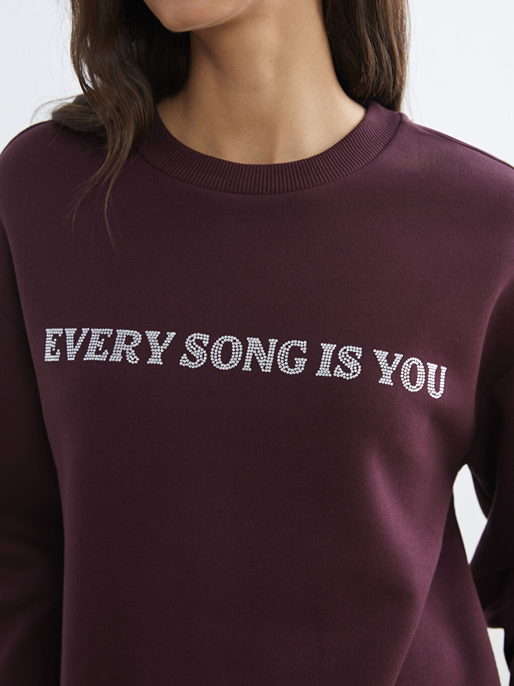 Mürdüm Bisiklet Yaka Taşlı Kadın Sweatshirt-2