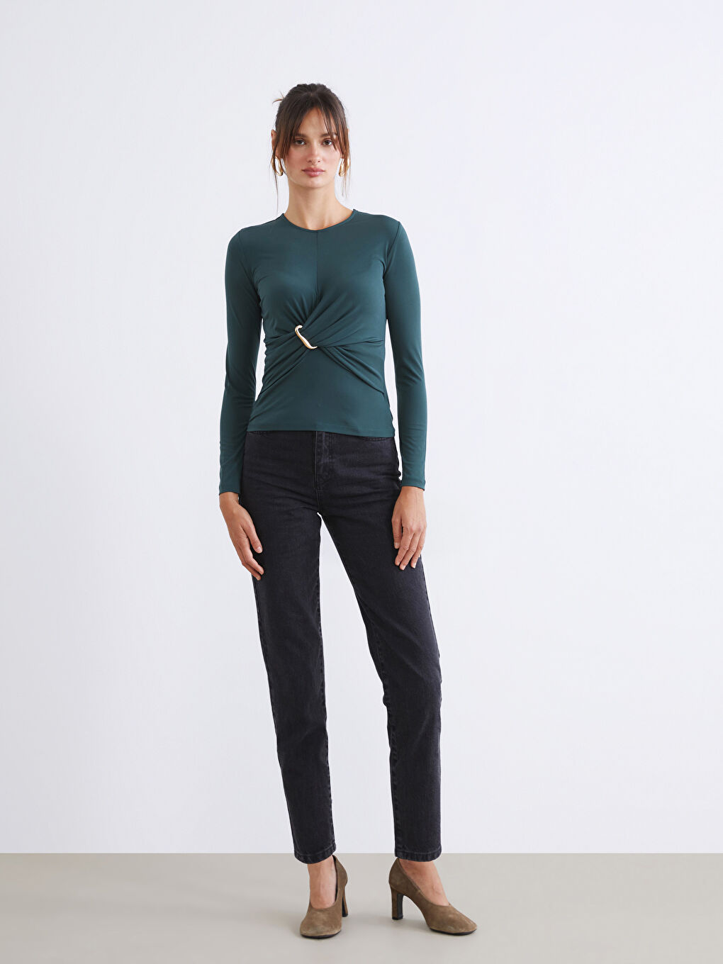 Petrol Bisiklet Yaka Büzgülü Bluz-1