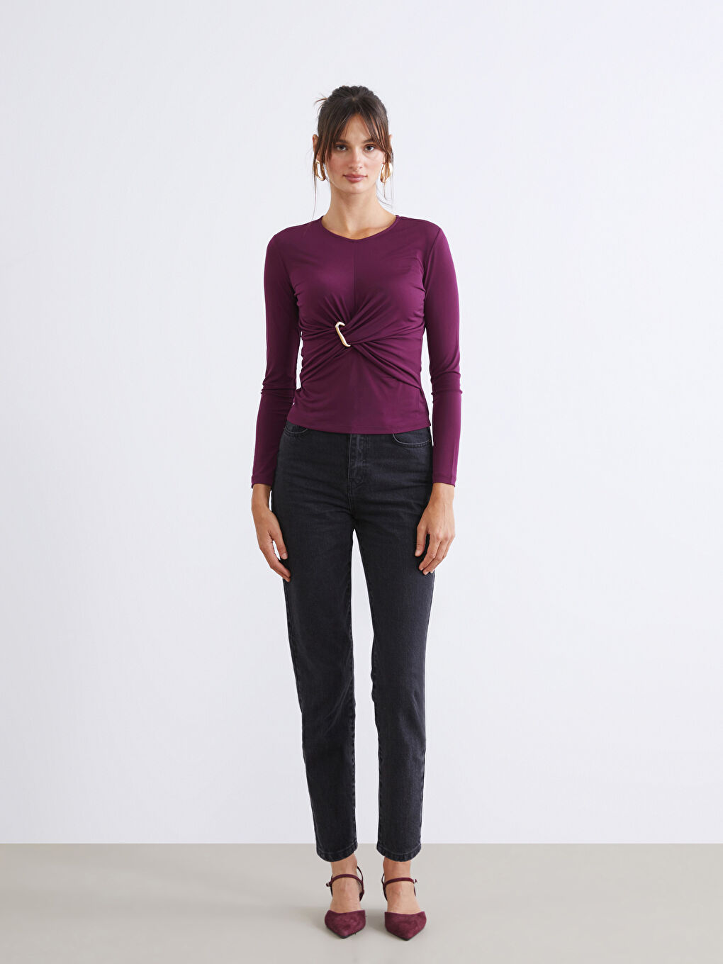 Bordo Bisiklet Yaka Büzgülü Bluz-1