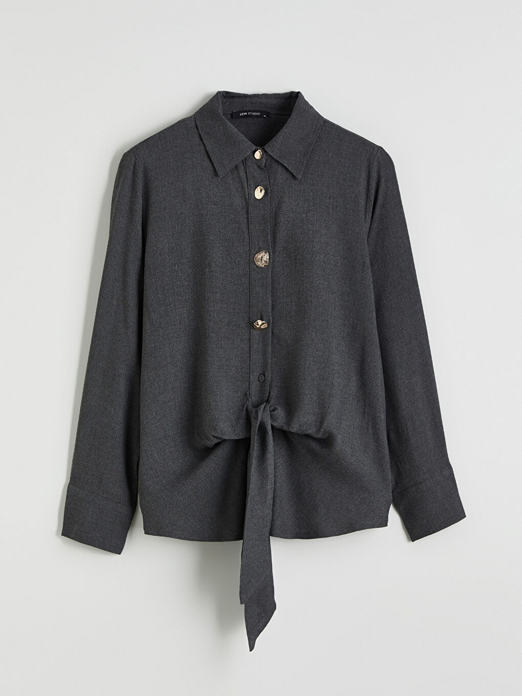 Gri Regular Fit Bağlamalı Kadın Gömlek-4