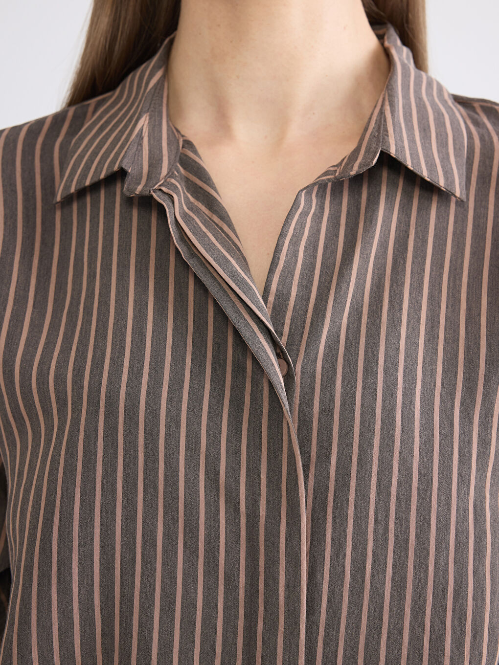 Kahverengi Çizgili Modal Karışımlı Kadın Gömlek-2