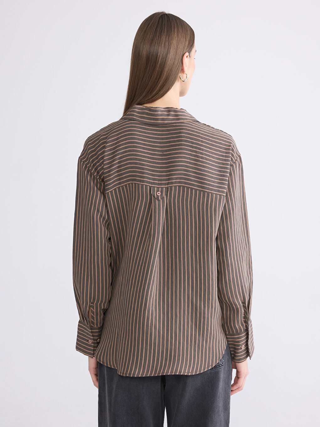 Kahverengi Çizgili Modal Karışımlı Kadın Gömlek-3
