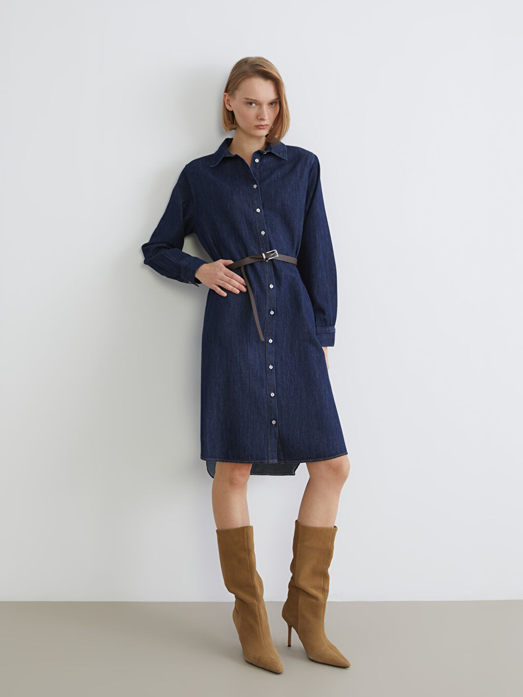 İndigo Kemerli Jean Gömlek Elbise