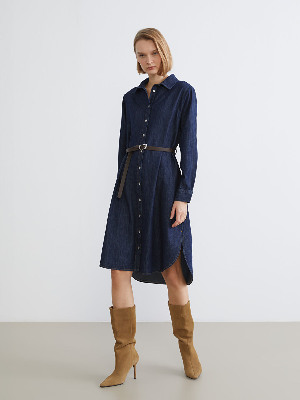 İndigo Kemerli Jean Gömlek Elbise-1