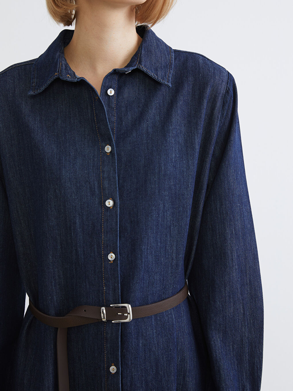 İndigo Kemerli Jean Gömlek Elbise-2