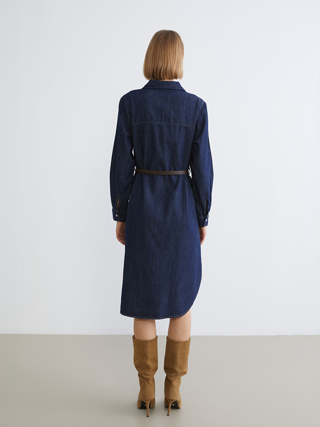İndigo Kemerli Jean Gömlek Elbise-3