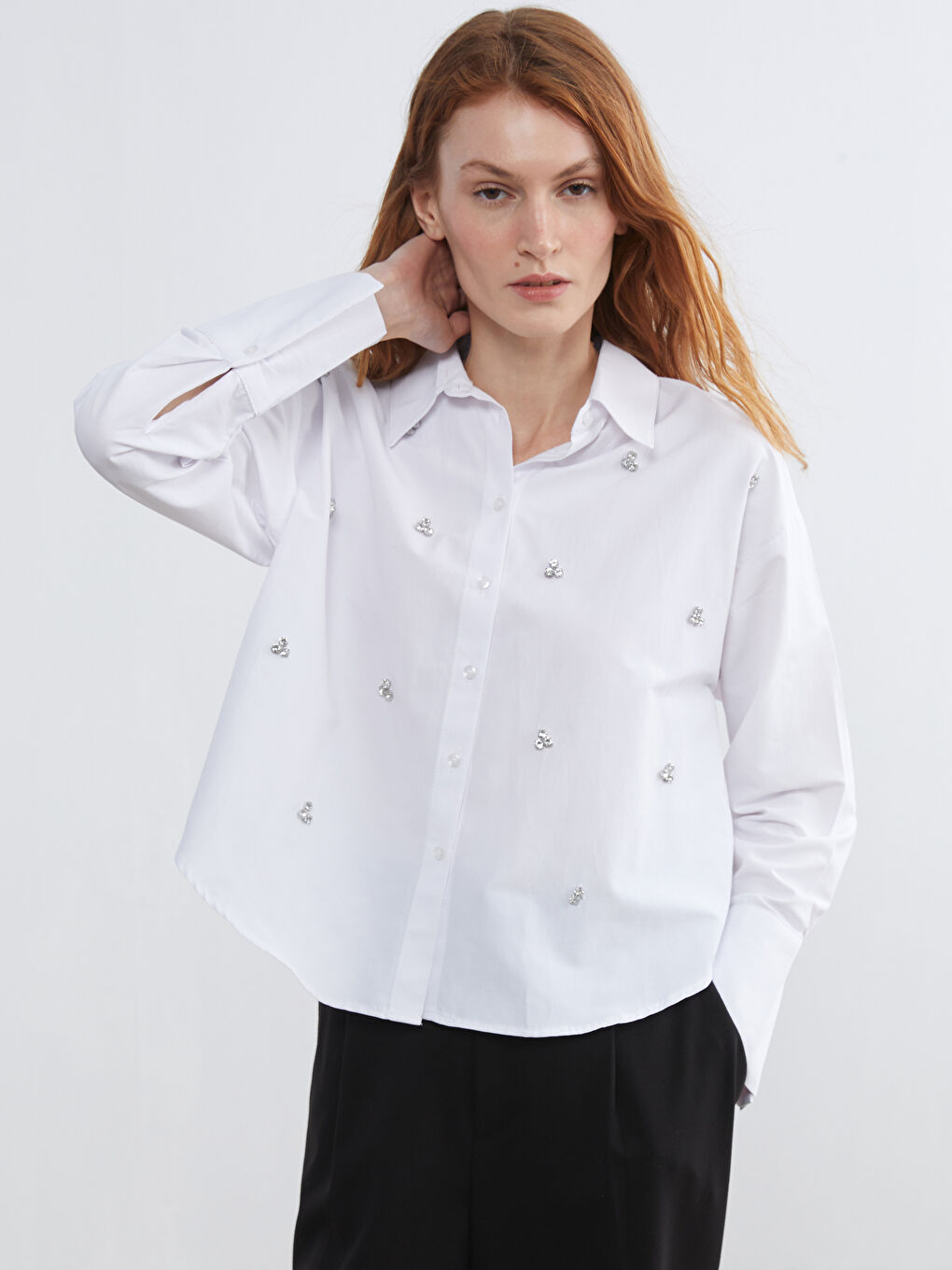 Ekru Taşlı Oversize Kadın Gömlek