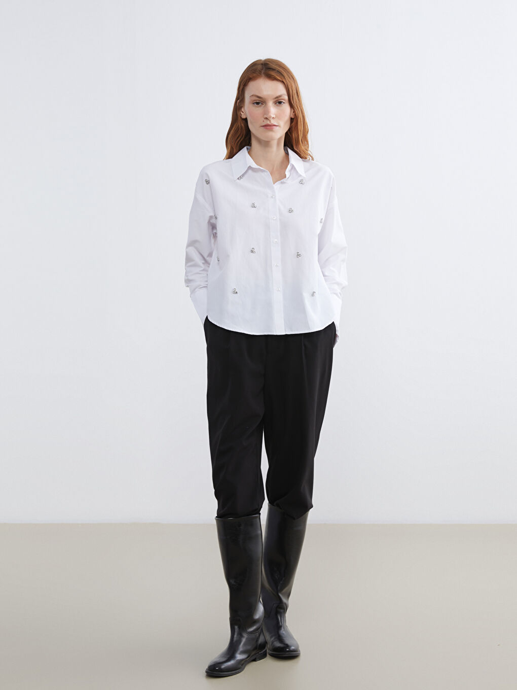 Ekru Taşlı Oversize Kadın Gömlek-1