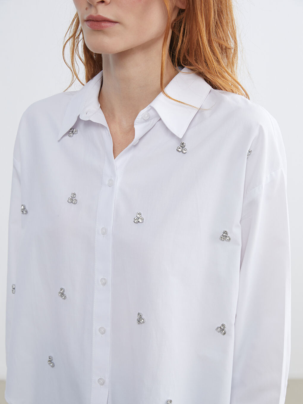 Ekru Taşlı Oversize Kadın Gömlek-2