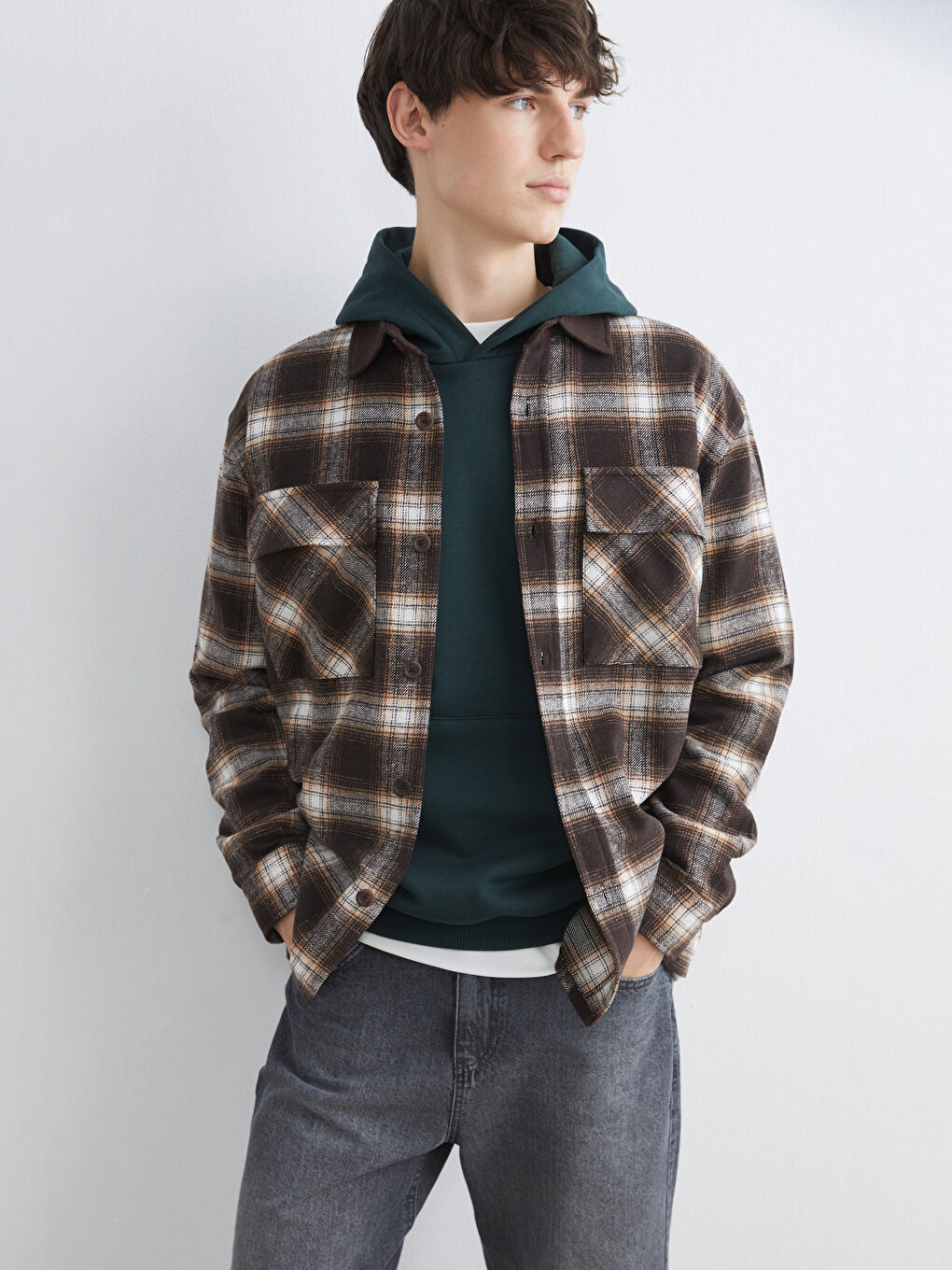 Kahverengi Regular Fit Ekose Erkek Oduncu Gömlek Ceket-2