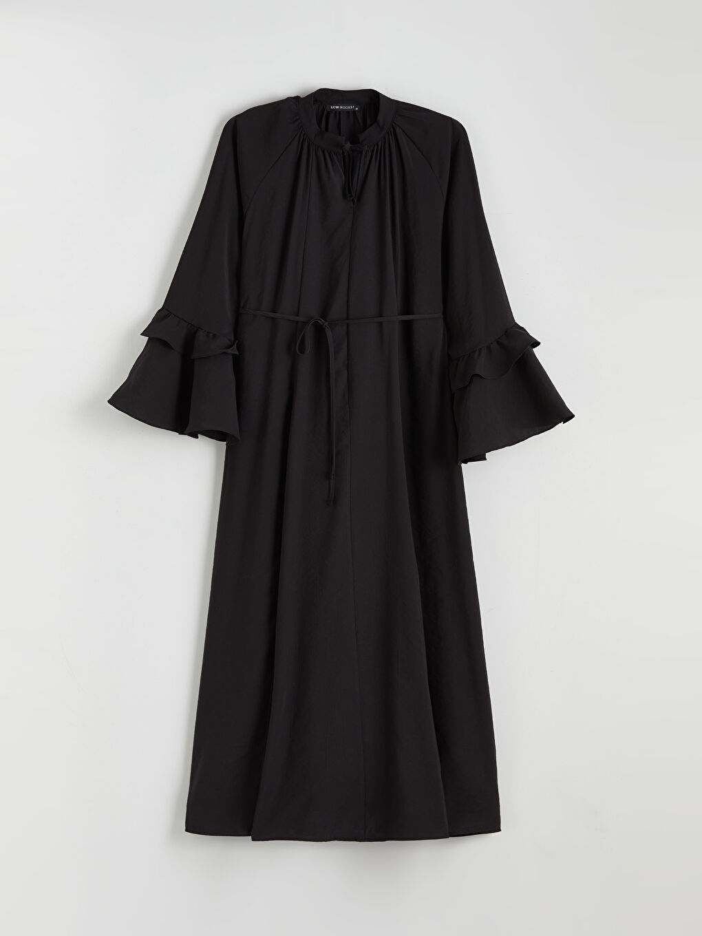 Siyah Bağlamalı Yaka Fırfırlı Büzgülü Elbise-4