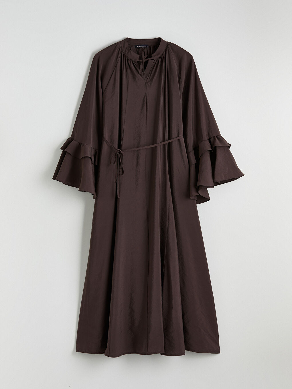 Kahverengi Bağlamalı Yaka Fırfırlı Büzgülü Elbise-4