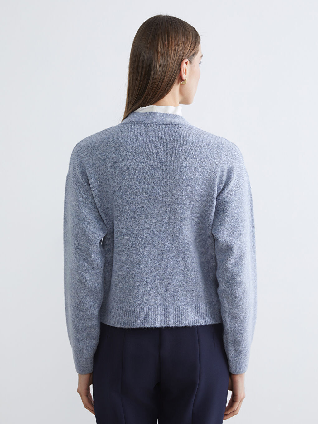 Mavi V Yaka Kadın Triko Hırka-3