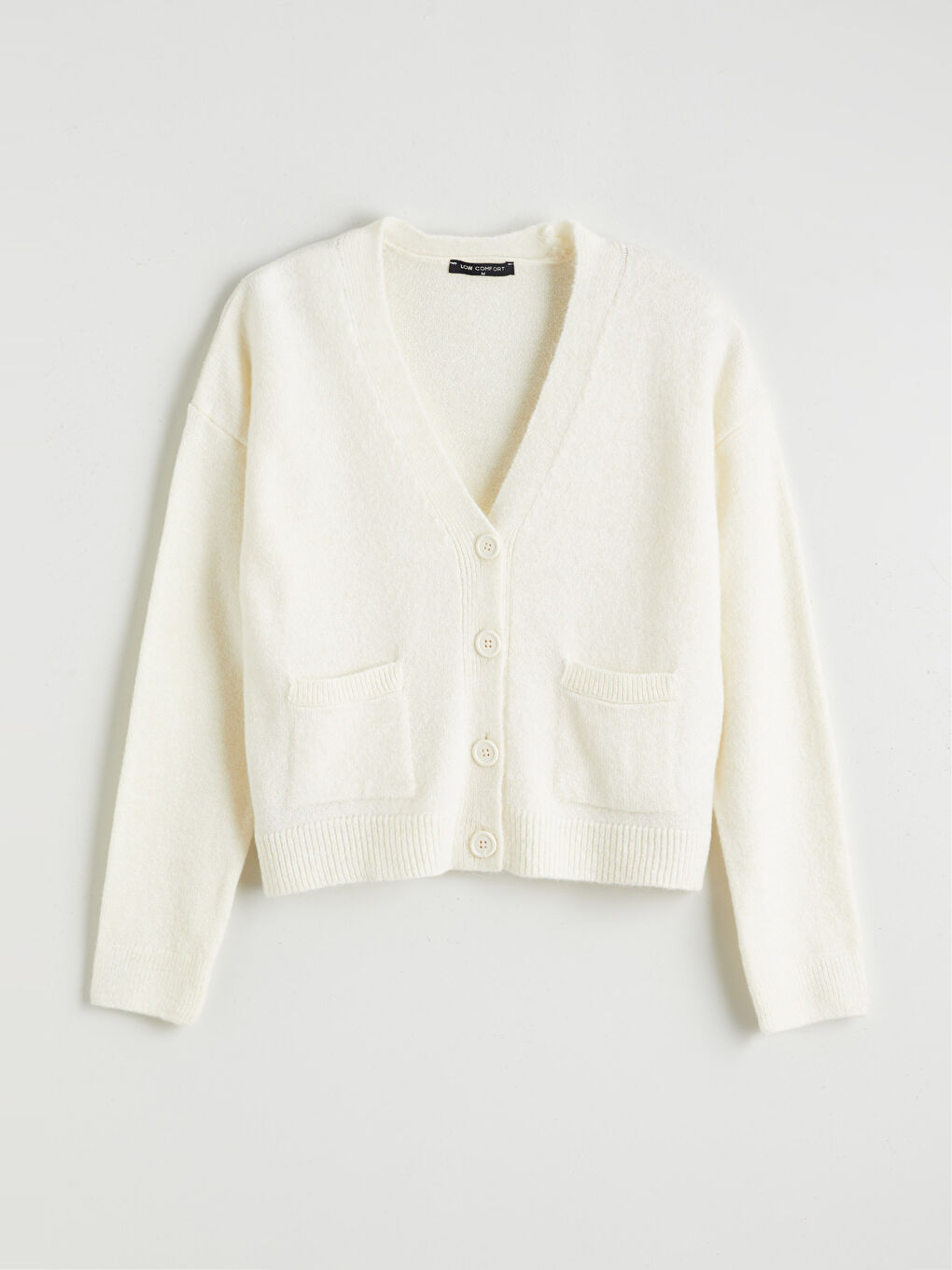 Ekru V Yaka Kadın Triko Hırka-4