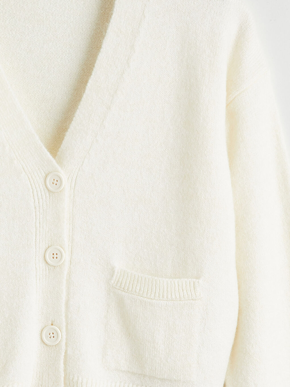 Ekru V Yaka Kadın Triko Hırka-5