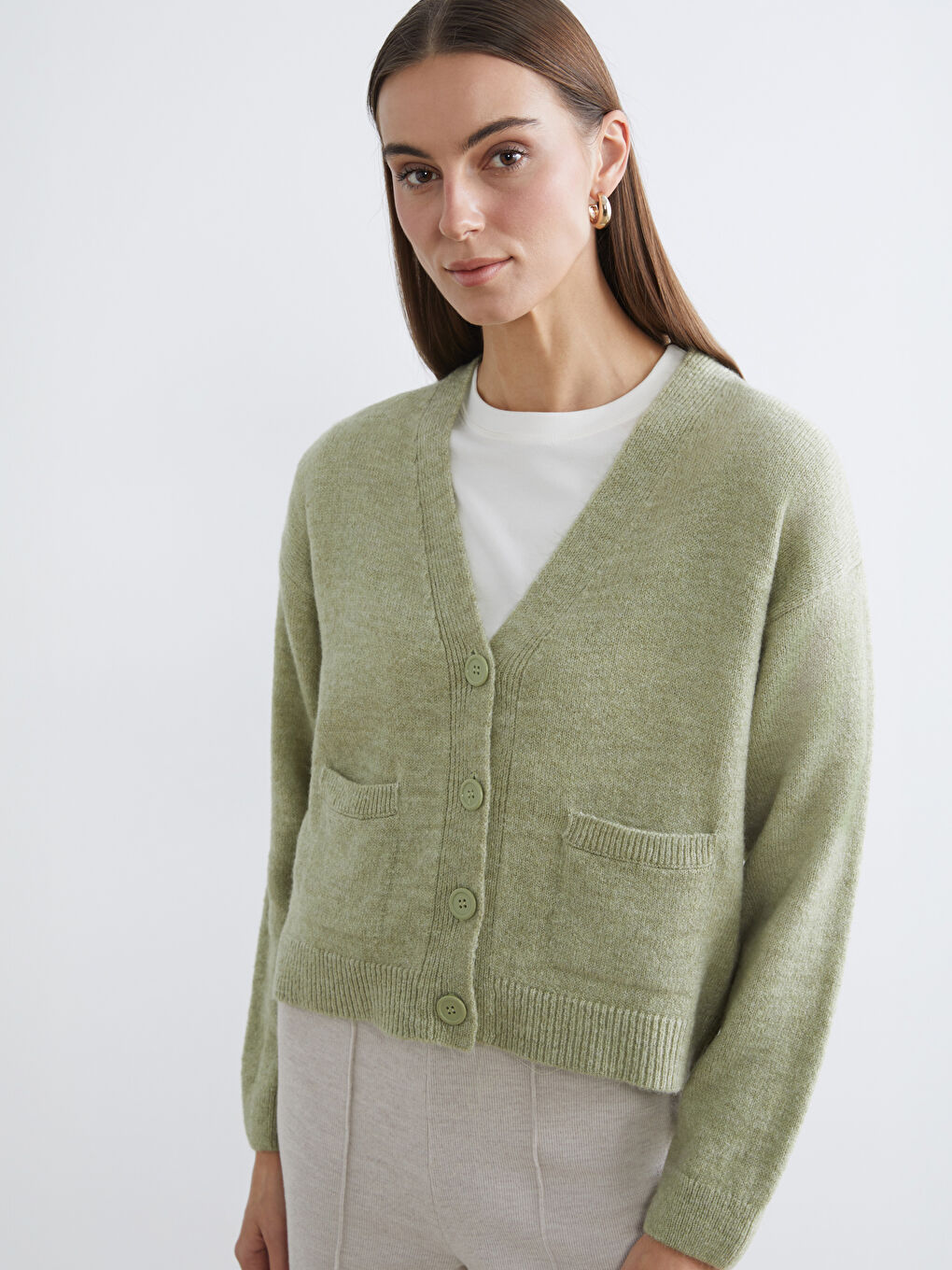 Yeşil V Yaka Kadın Triko Hırka