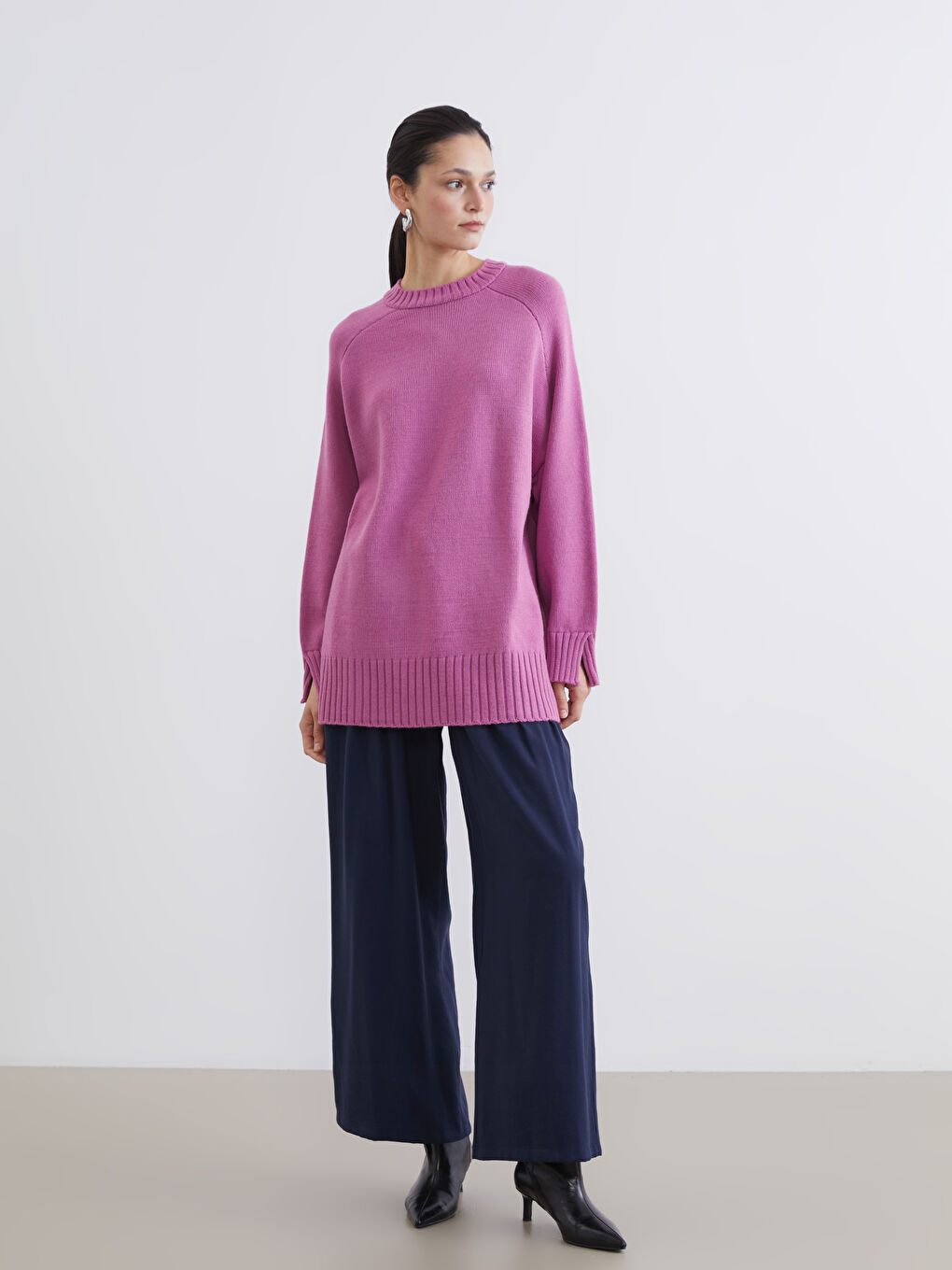 Pembe Bisiklet Yaka Oversize Kadın Triko Tunik-1