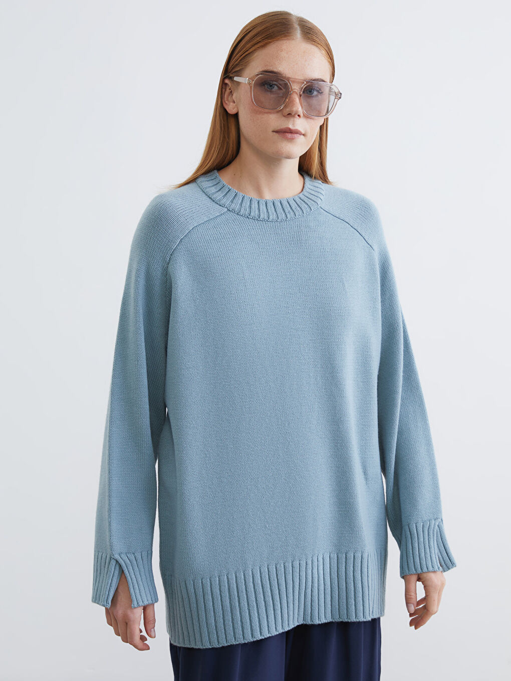 Yeşil Bisiklet Yaka Oversize Kadın Triko Tunik