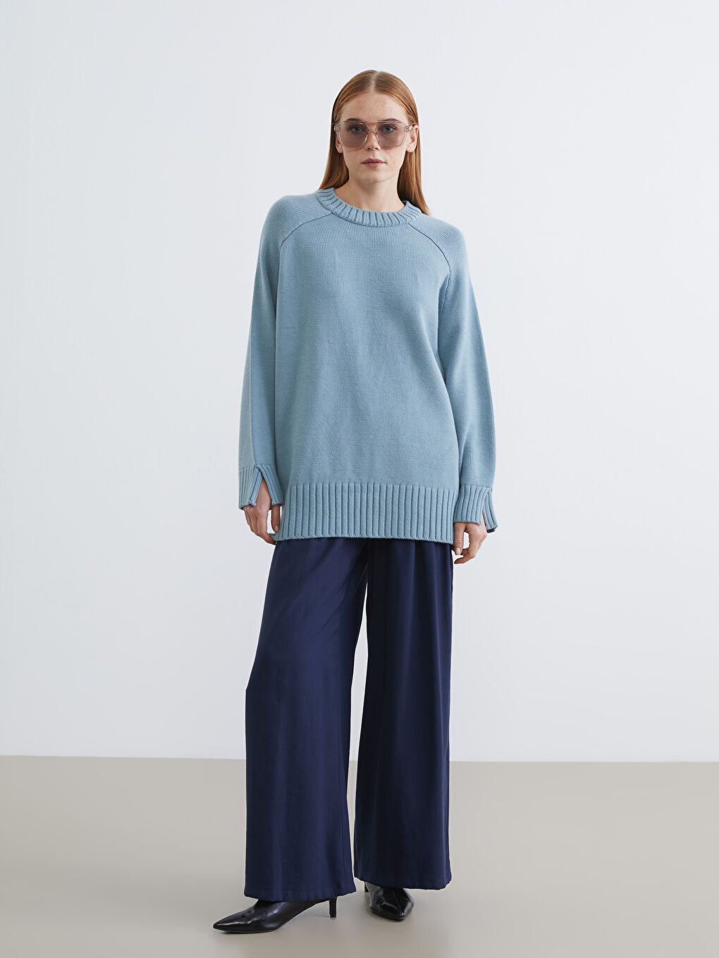 Yeşil Bisiklet Yaka Oversize Kadın Triko Tunik-1