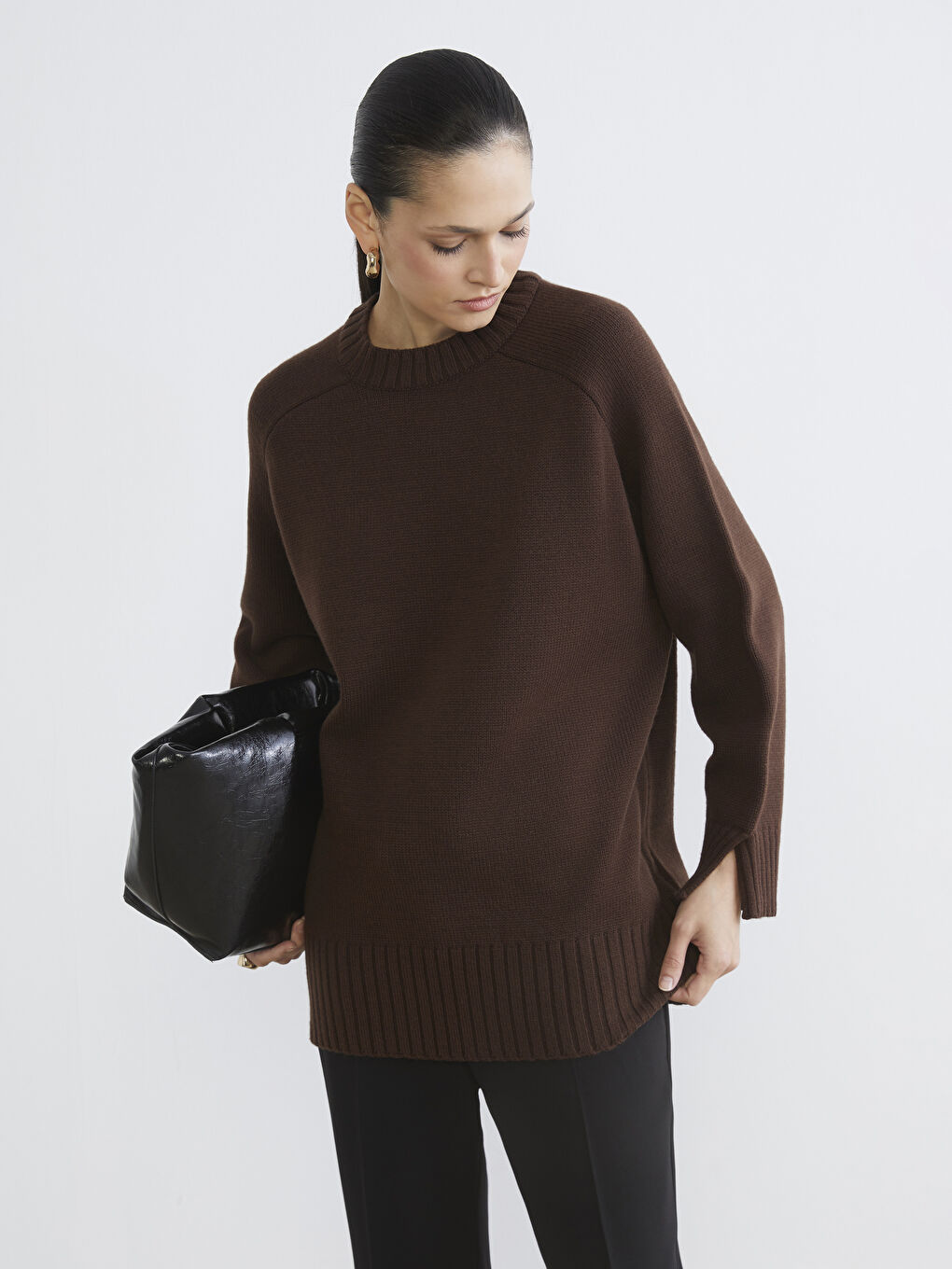 Kahverengi Bisiklet Yaka Oversize Kadın Triko Tunik