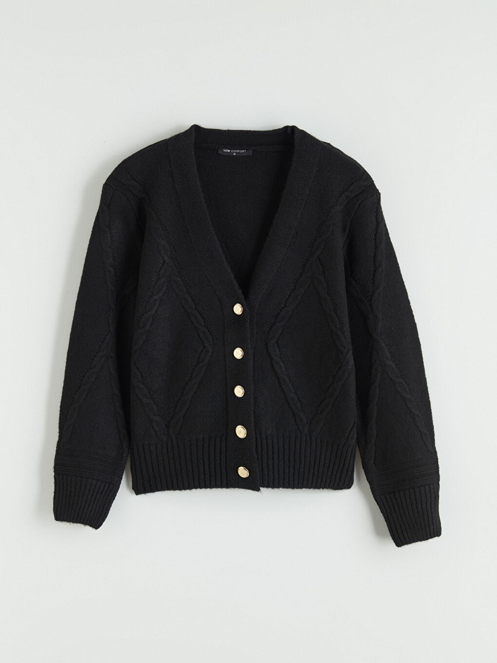 Siyah V Yaka Kendinden Desenli Kadın Triko Hırka-4