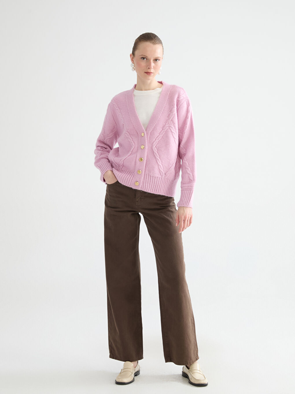 Pembe V Yaka Kendinden Desenli Kadın Triko Hırka-1